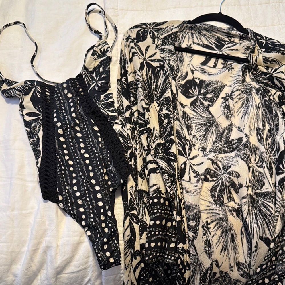 Chic Black and Cream Swimsuit and Cover-Up Set